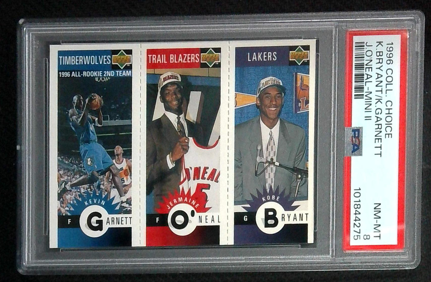 1996 COLLECTORS CHOICE KOBE BRYANT ROOKIE / K. GARNETT / J. O'NEAL PSA 8