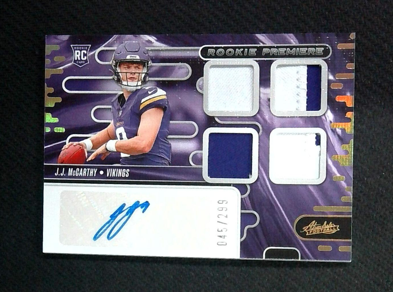2024 ABSOLUTE J.J. MCCARTHY #RPMA-JJM ROOKIE PREMIERE 4-PATCH AUTO RPA /299