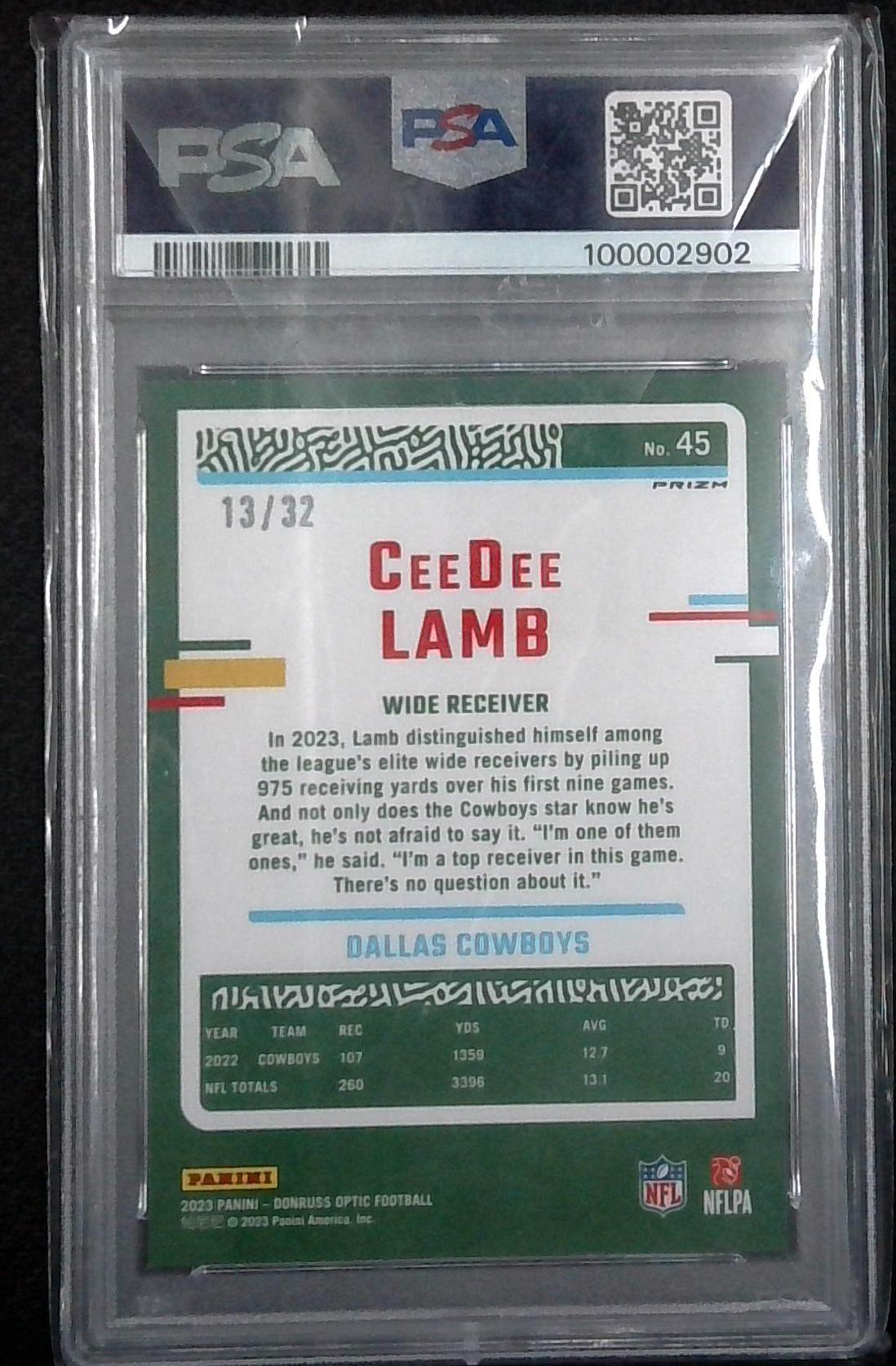 2023 Panini Donruss Optic Ceedee Lamb 02/32 Shield Prizm PSA 9