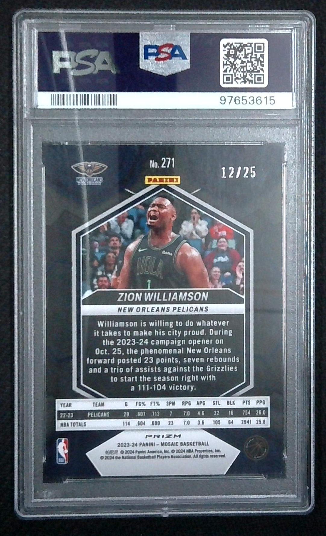 2023 Mosaic Zion Williamson City Edition Orange Fluorescent /25 SP PSA MT 9