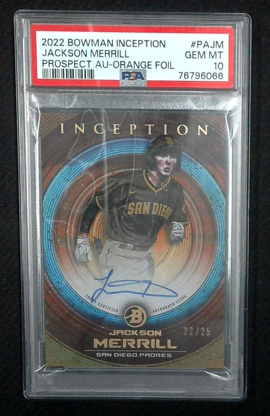 JACKSON MERRILL 2022 BOWMAN INCEPTION ORANGE FOIL PADRES AUTO /25 PSA 10