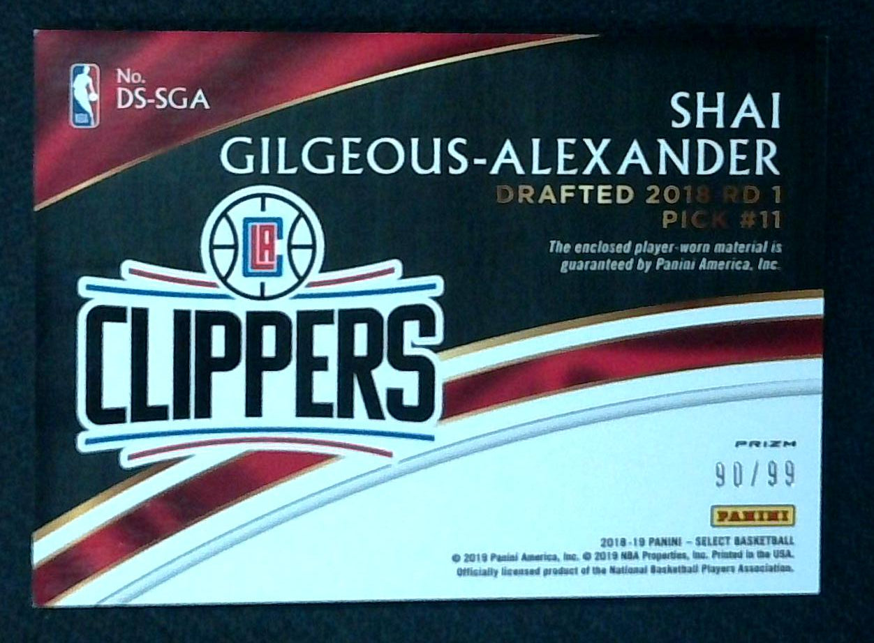 2018-19 SELECT SHAI GILGEOUS-ALEXANDER ROOKIE JERSEY PURPLE REFRACTOR /99