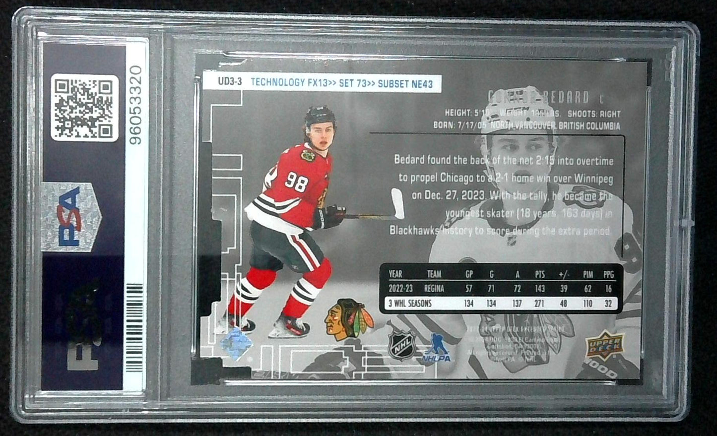 2023 Upper Deck Extended Series 1998-99 UD3 Connor Bedard PSA 9 MINT Rookie RC
