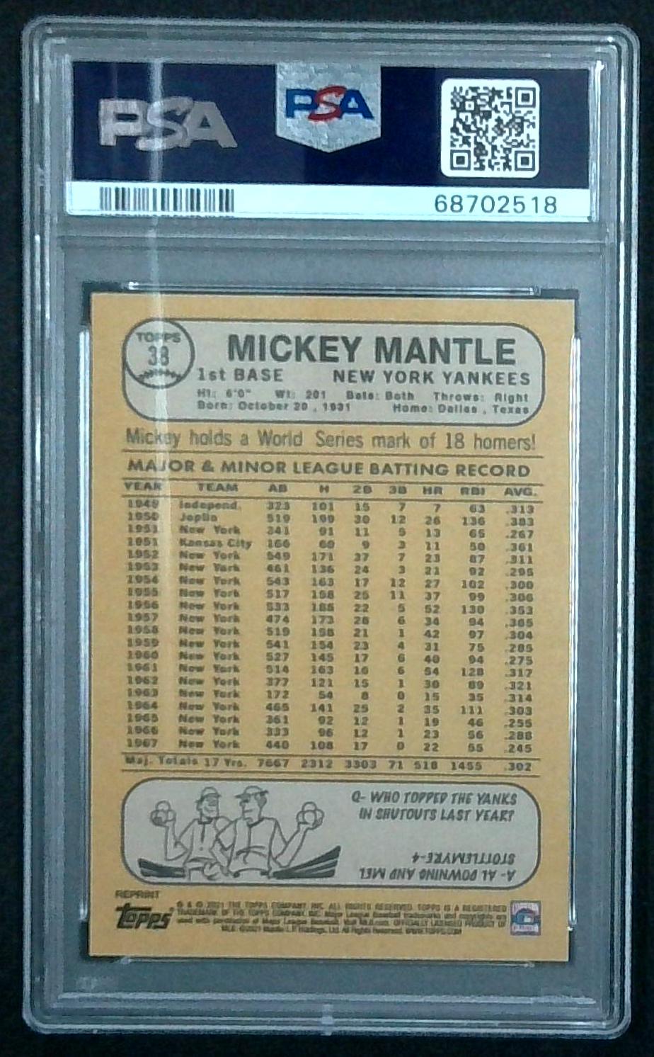 Mickey Mantle 2021 Topps X Mickey Mantle #38 1968 Topps (PSA 9)