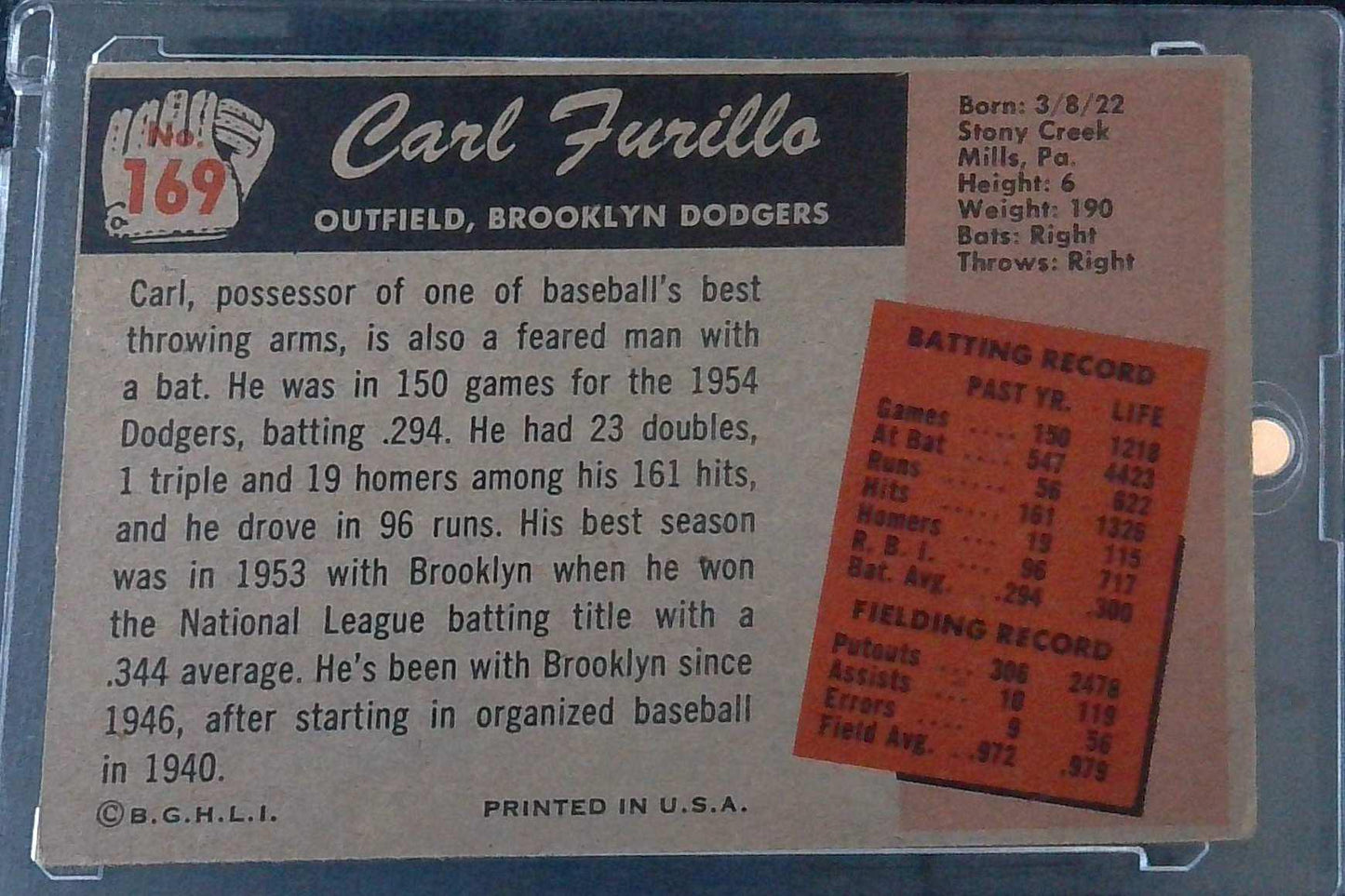 1955 Bowman Baseball #169 Carl Furillo