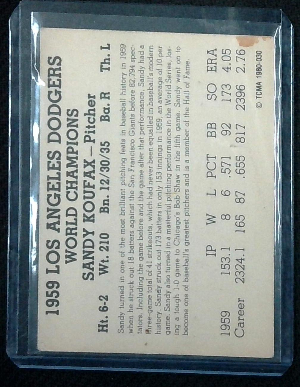 1980 TCMA Sandy Koufax #30 '59 Dodgers World Champions