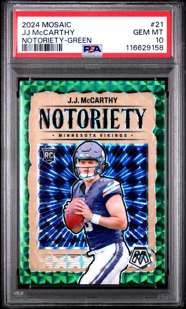 2024 PANINI MOSAIC NOTORIETY #21 JJ McCARTHY NOTORIETY-GREEN PSA 10