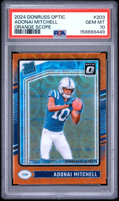 2024 PANINI DONRUSS OPTIC #203 ADONAI MITCHELL ORANGE SCOPE /79 PSA 10