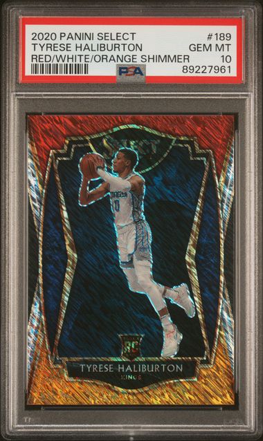 2020 PANINI SELECT #189 TYRESE HALIBURTON RED/WHITE/ORANGE SHIMMER ROOKIE PSA 10