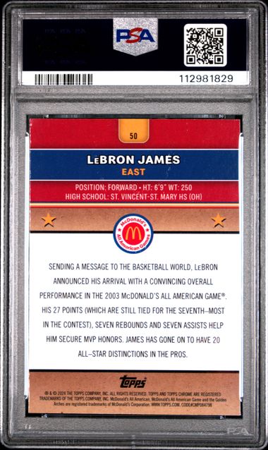 2024 Topps Chrome McDonald’s All American LeBron James Purple Lava /99 PSA 10 POP 1
