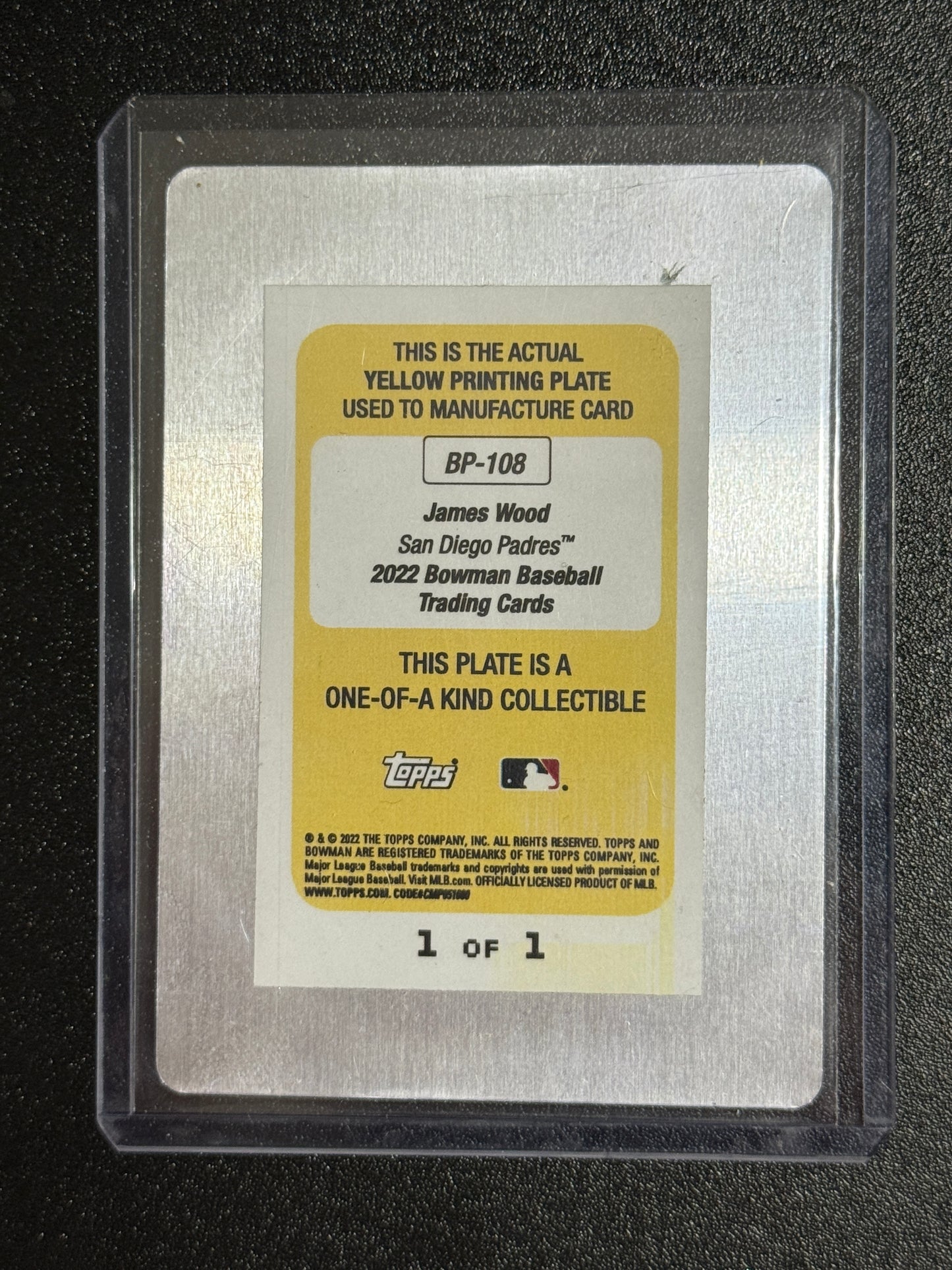 2022 Bowman James Wood 1st Bowman Yellow Printing Plate 1/1 Nationals