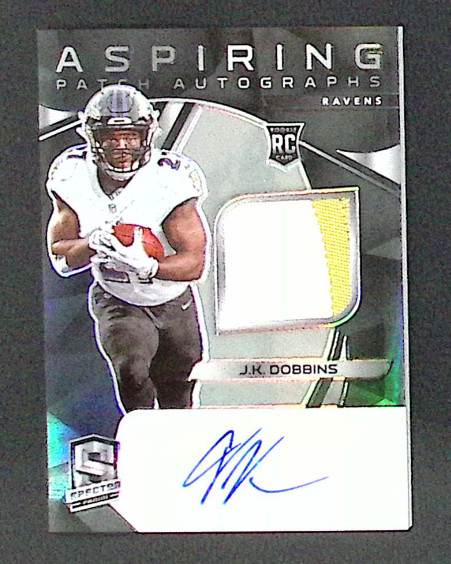 2020 Spectra JK Dobbins Aspiring Silver Prizm Rookie Patch Auto RC /75 Ravens