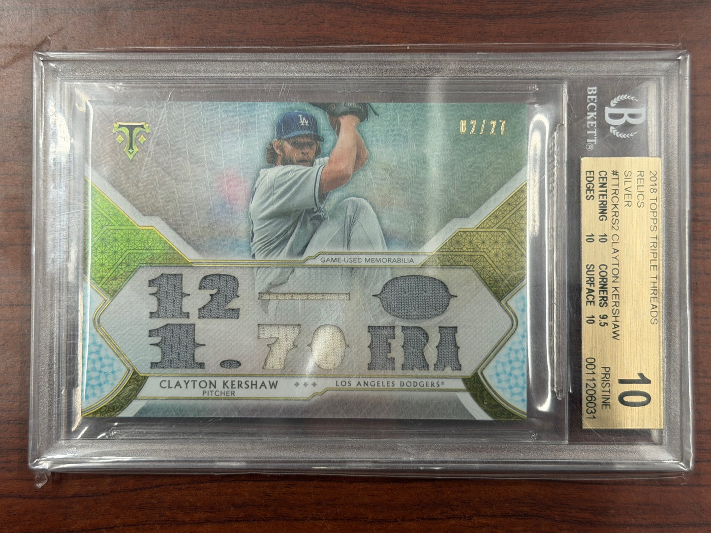 2018 TOPPS TRIPLE THREADS CLAYTON KERSHAW RELICS SILVER /27 BGS 10 PRISTINE