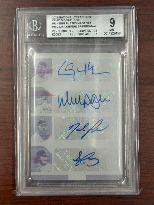 2021 National Treasures Kershaw Price Buehler May Quad Auto 1/1 Printing Plate BGS 9