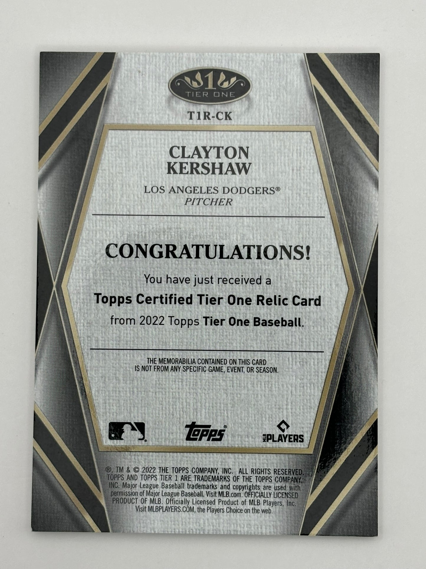 2022 Topps Tier 1 Clayton Kershaw Jersey Patch /249