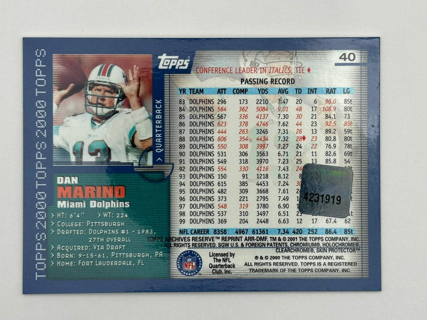 DAN MARINO GAME WORN JERSEY RELIC 2000 TOPPS ARCHIVES RESERVE REFRACTOR #40