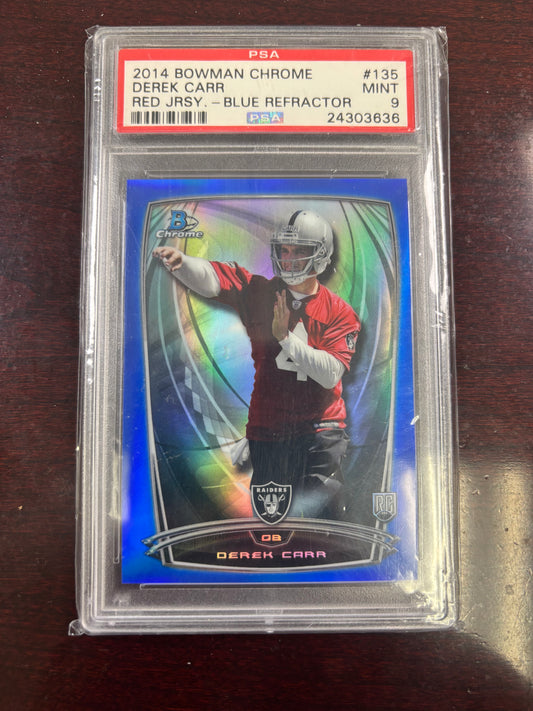 2014 Bowman Chrome Red Jersey Blue Refractor Derek Carr ROOKIE RC /199 #135 PSA 9