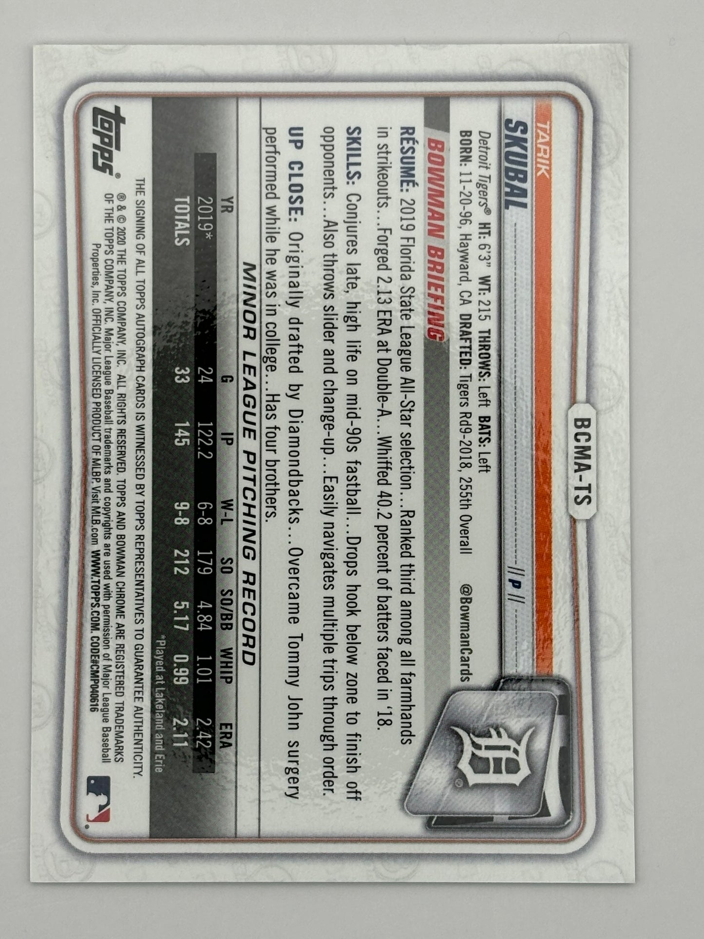 2020 Bowman Chrome Tarik Skubal Mojo On Card Auto