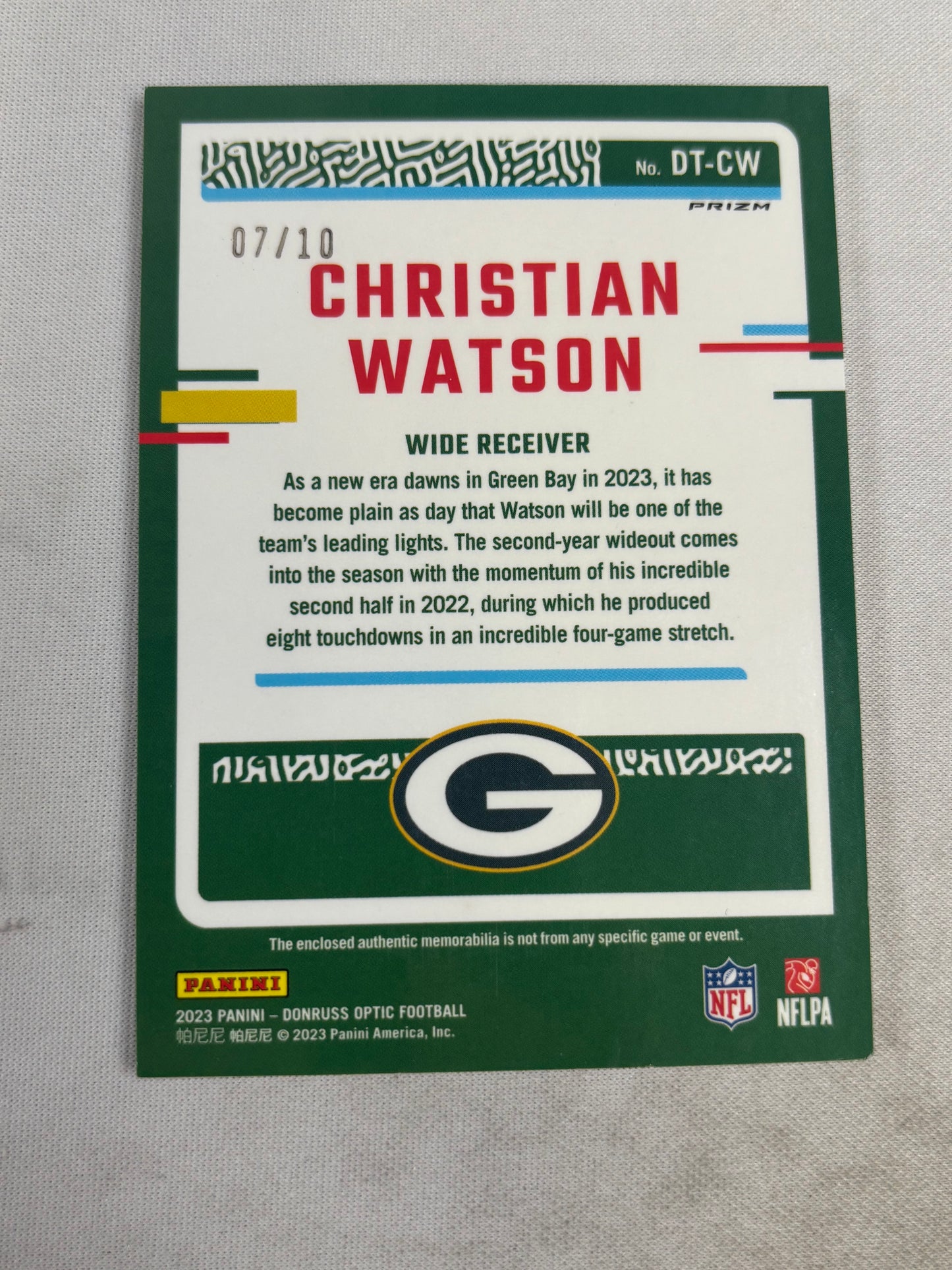 2023 Panini Donruss Optic Threads Christian Watson /10 2 Color Patch