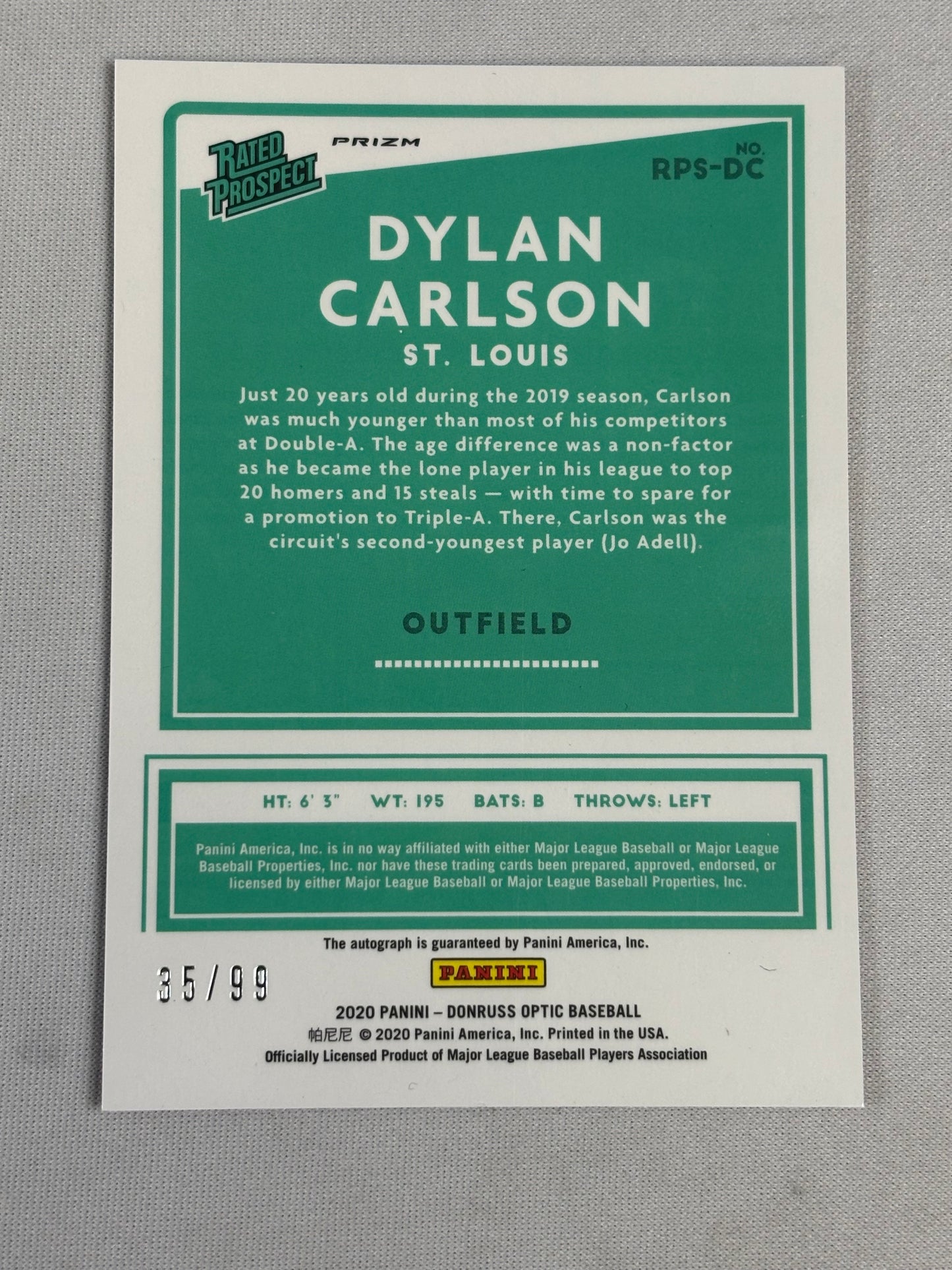 2020 Donruss Optic Rated Prospect Red Mojo Dylan Carlson RC AUTO /99