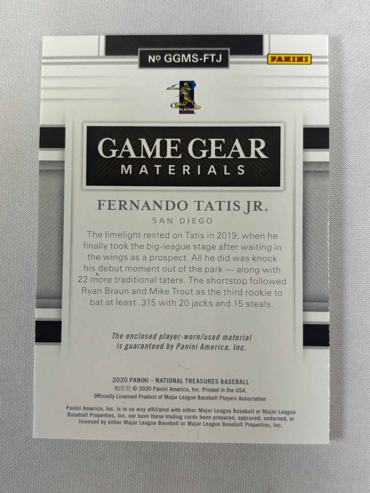 2020 National Treasures Fernando Tatis Jr. Game Gear Materials Patch /99