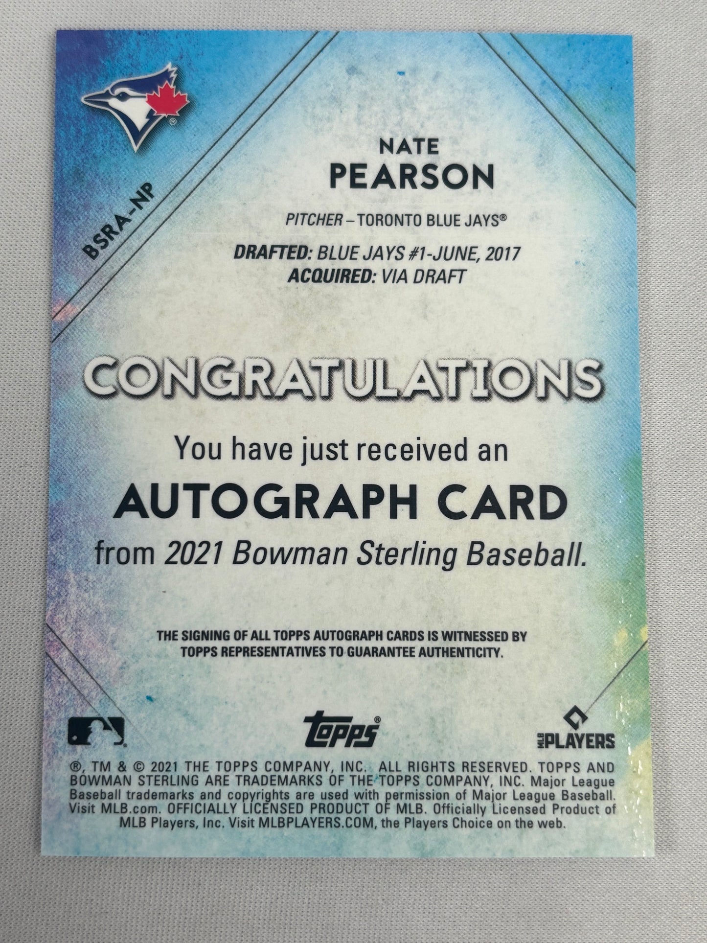 2021 Bowman Sterling Nate Pearson Rookie RC Auto /50 Gold Toronto Blue Jays