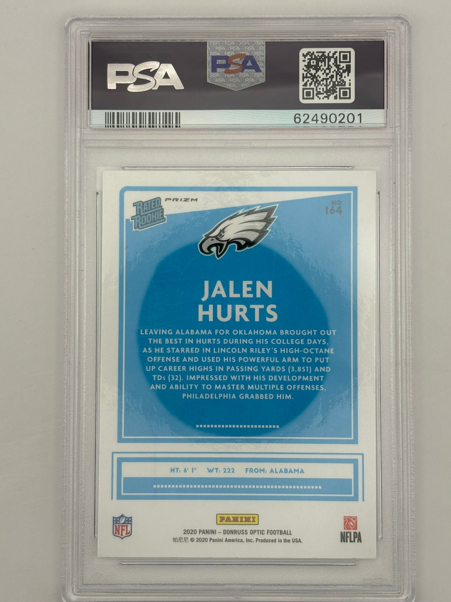 2020 Jalen Hurts Purple Shock Rated Rookie PSA 9