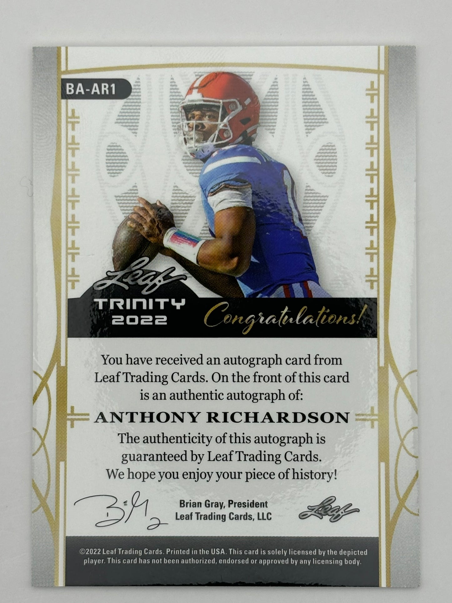 2022 Leaf Trinity Anthony Richardson Rookie Auto 12/12 RC Colts