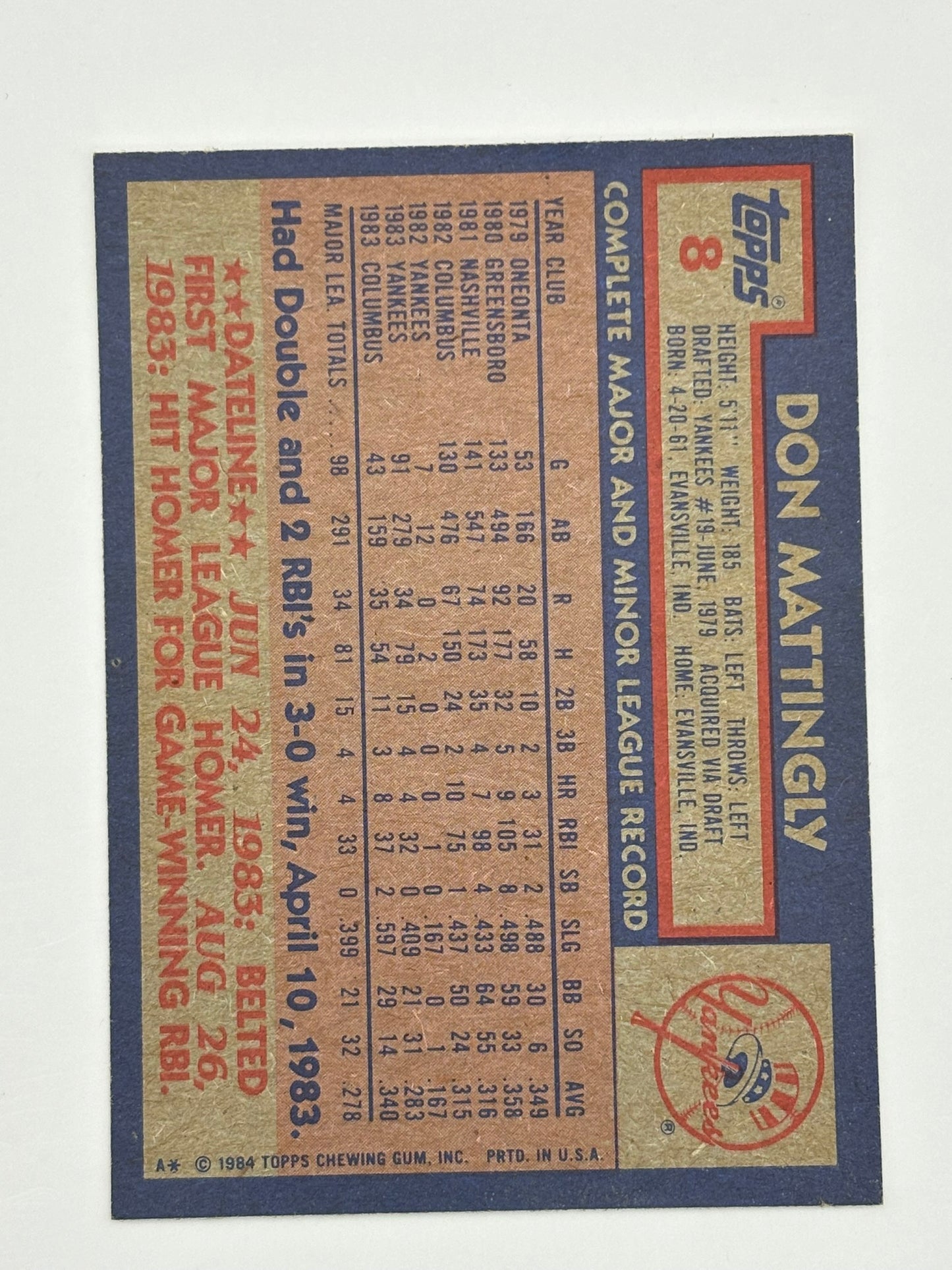 1984 Topps Don Mattingly #8 Rookie RC