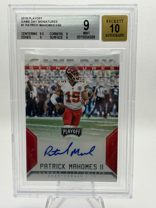 2018 Playoff Game Day Signatures Patrick Mahomes Auto /50 BGS 9 Auto 10