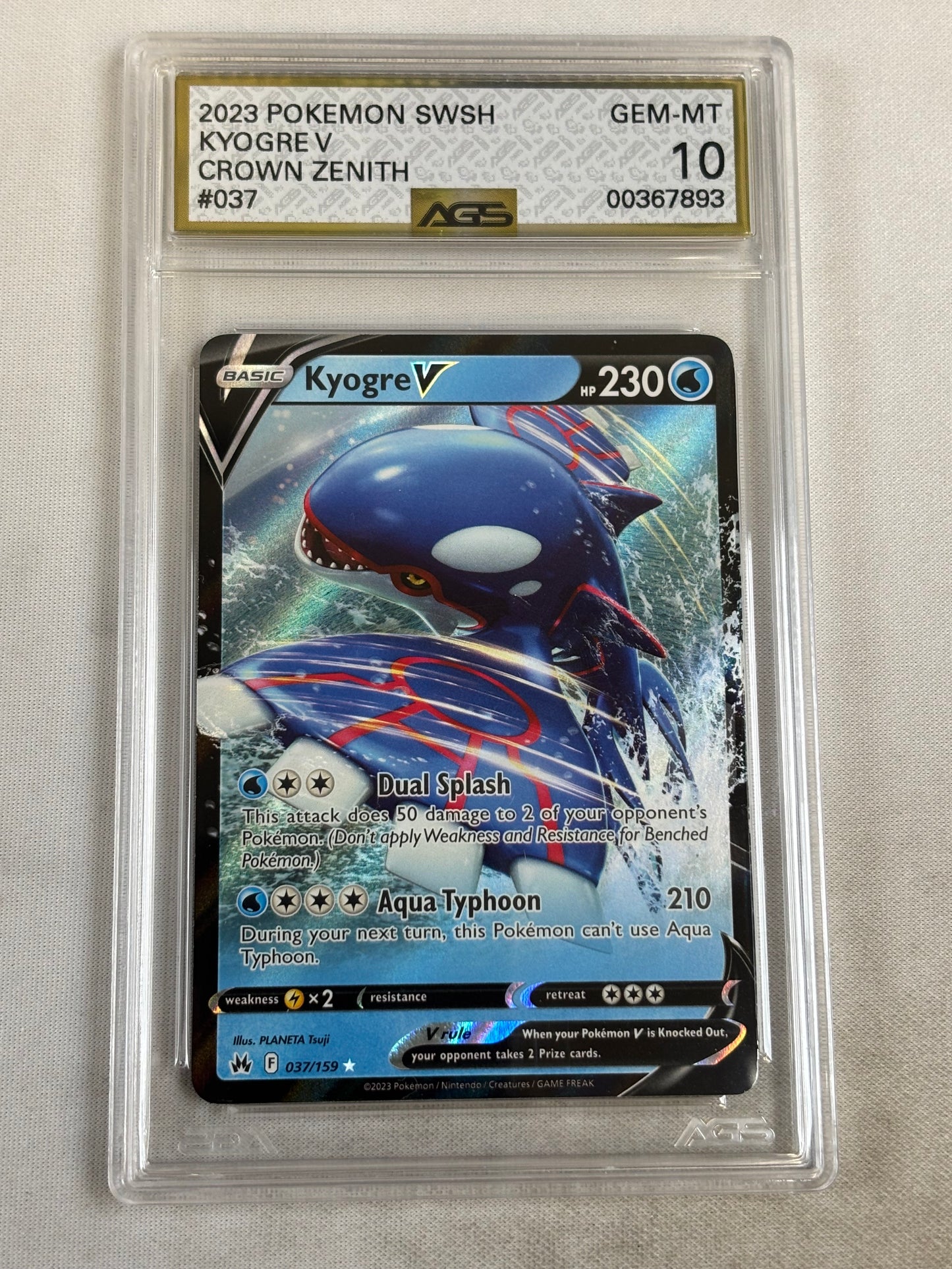 2023 Pokemon SWSH Crown Zenith #037 Kyogre V AGS 10 GEM MINT