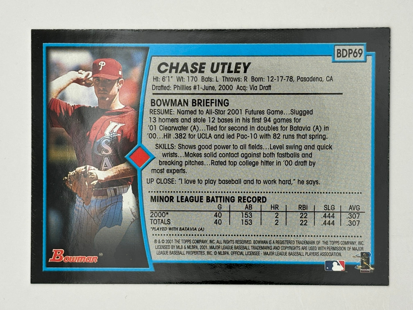 2001 BOWMAN DRAFT PICKS #69 CHASE UTLEY ROOKIE