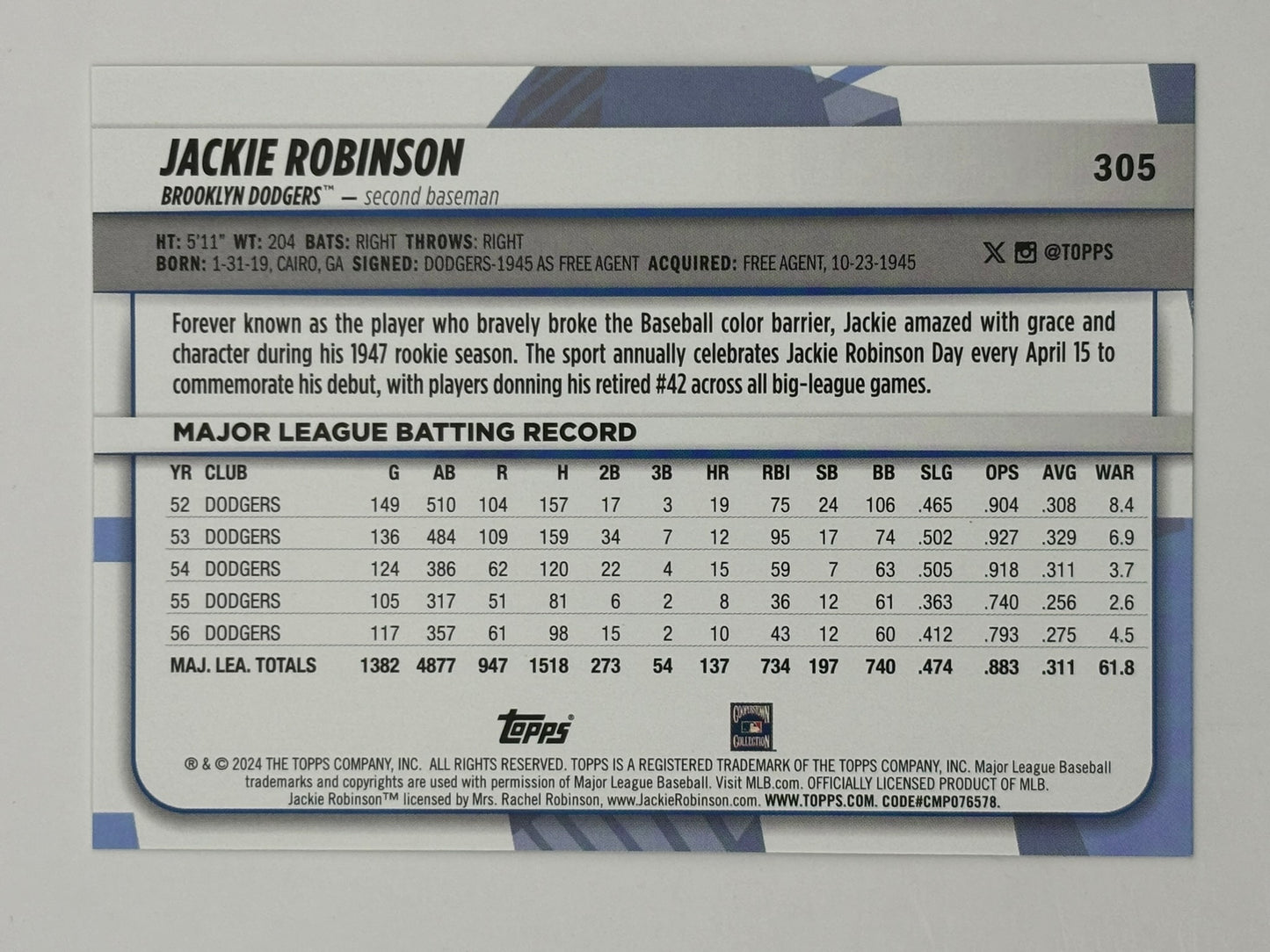 2024 Topps Big League Legendary Gold Foil SP #305 Jackie Robinson - Dodgers