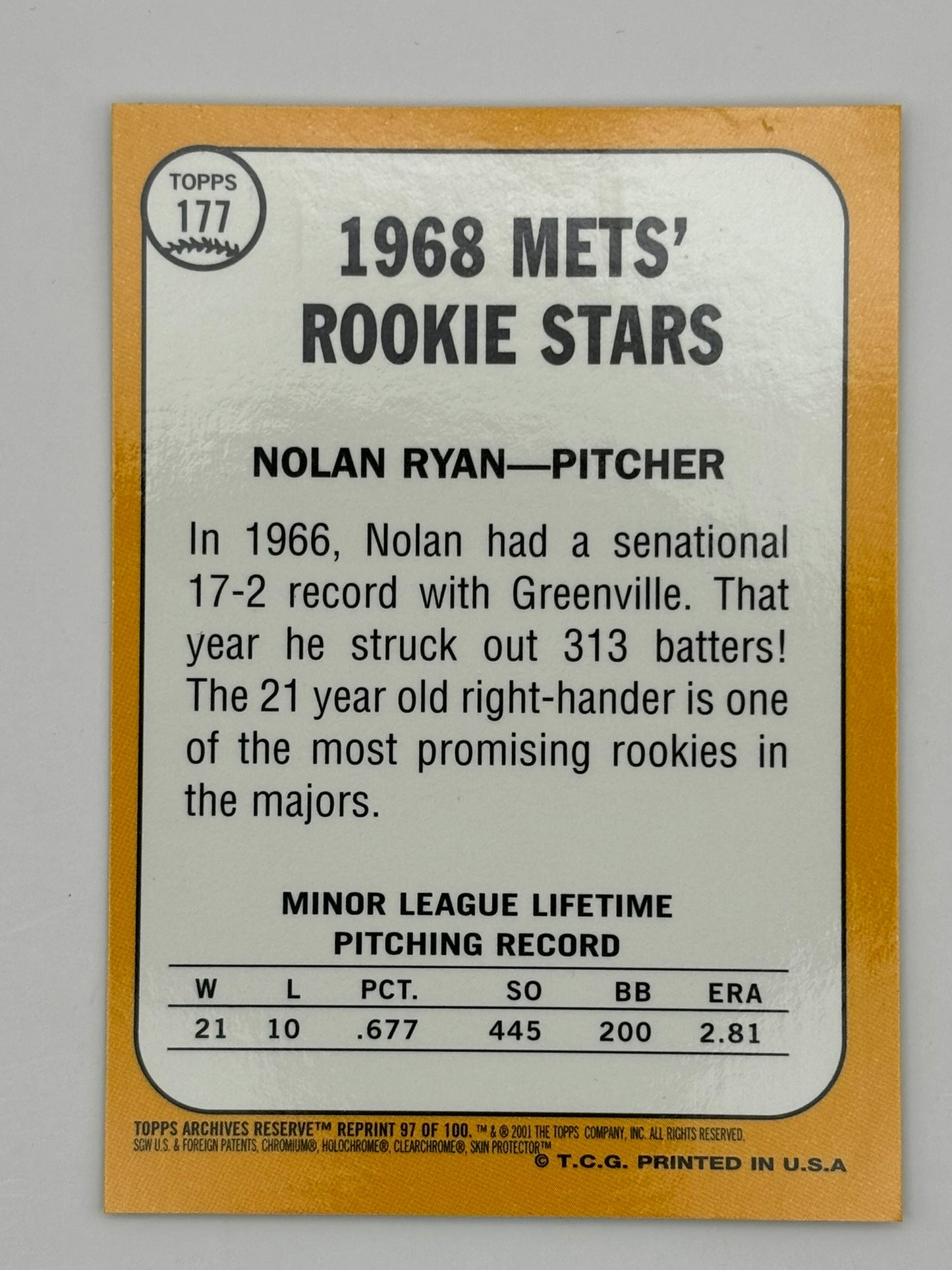 2001 Topps Archives Reserve Nolan Ryan Rookie Refractor