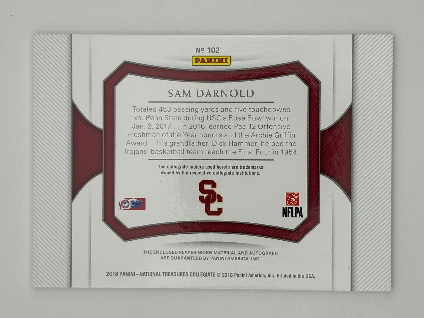 2018 National Treasures Collegiate Football SAM DARNOLD RC RPA Auto #d 66/99