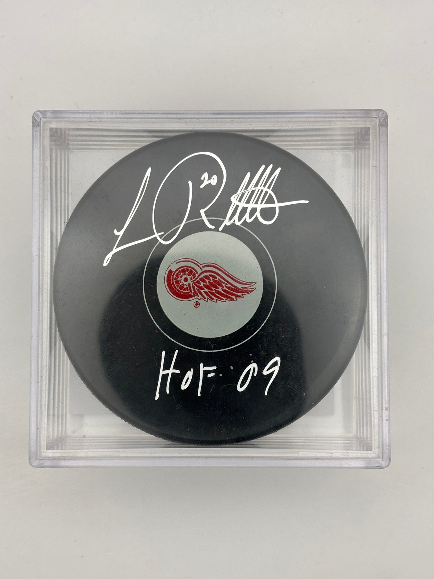 Luc Robitaille Signed Red Wings Logo Hockey Puck Inscribed `HOF '09`