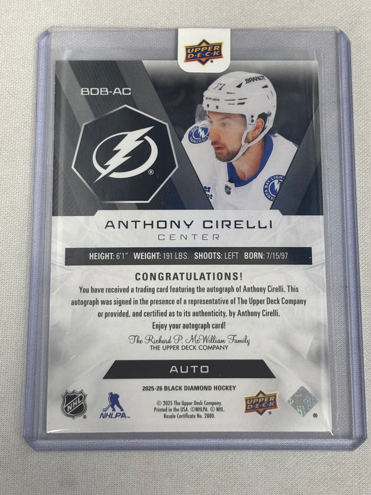 2025-26 Upper Deck Black Diamond Anthony Cirelli Auto /99