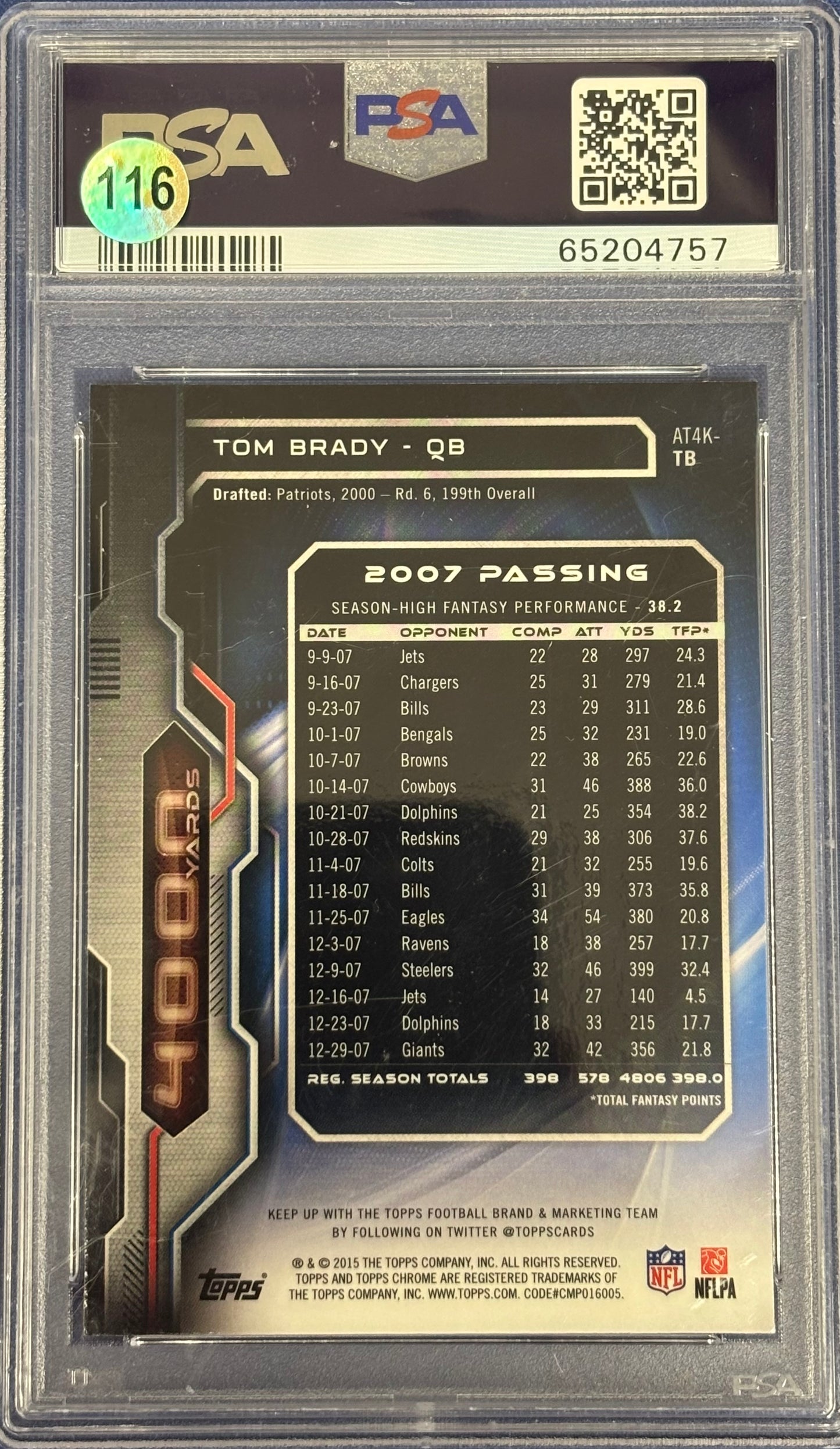 2015 Topps Chrome Tom Brady All-Time 4,000 Yard Club PSA 9