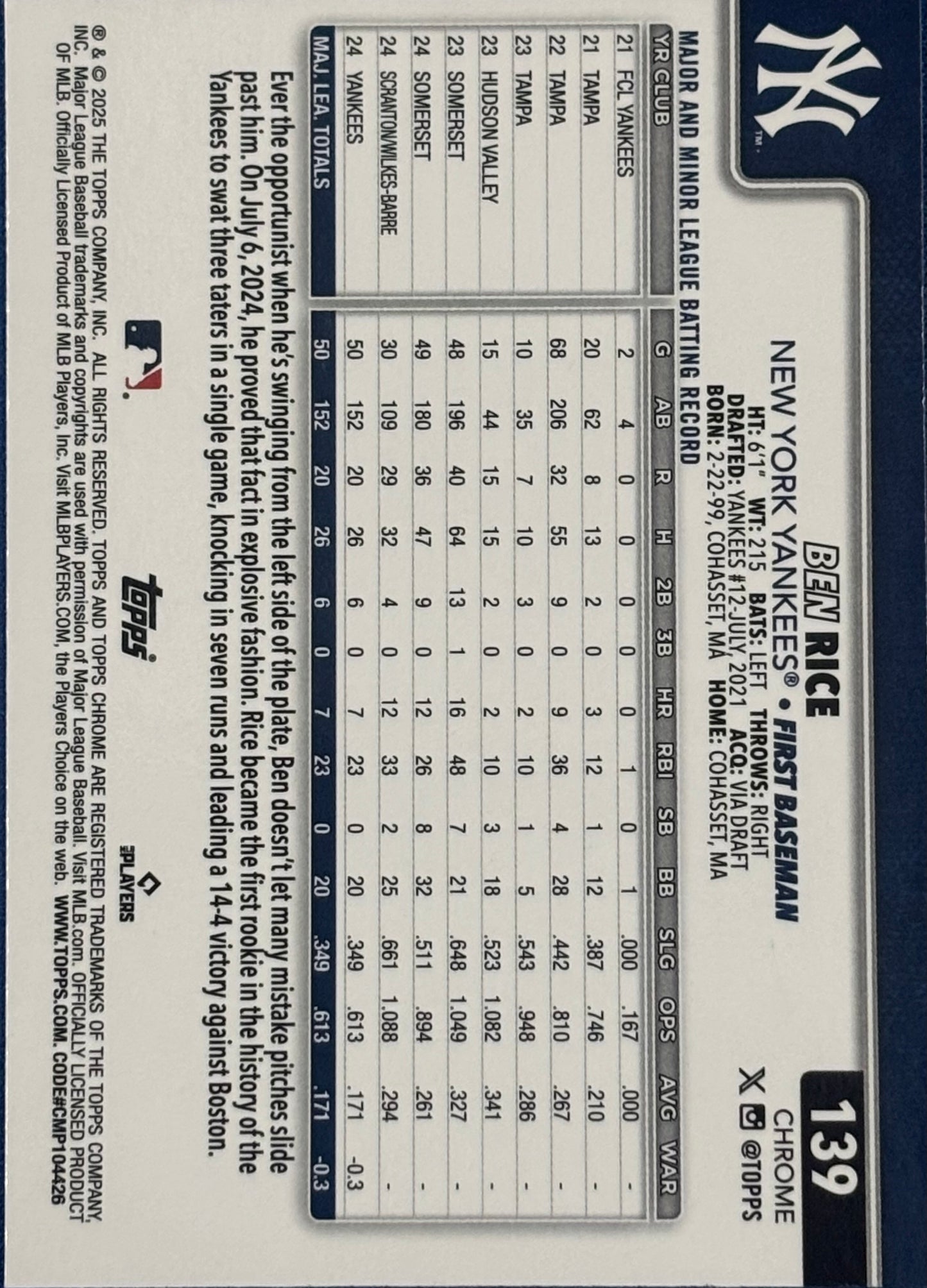 2025 Topps Chrome Ben Rice Rookie Raywave Refractor #139 RC Yankees