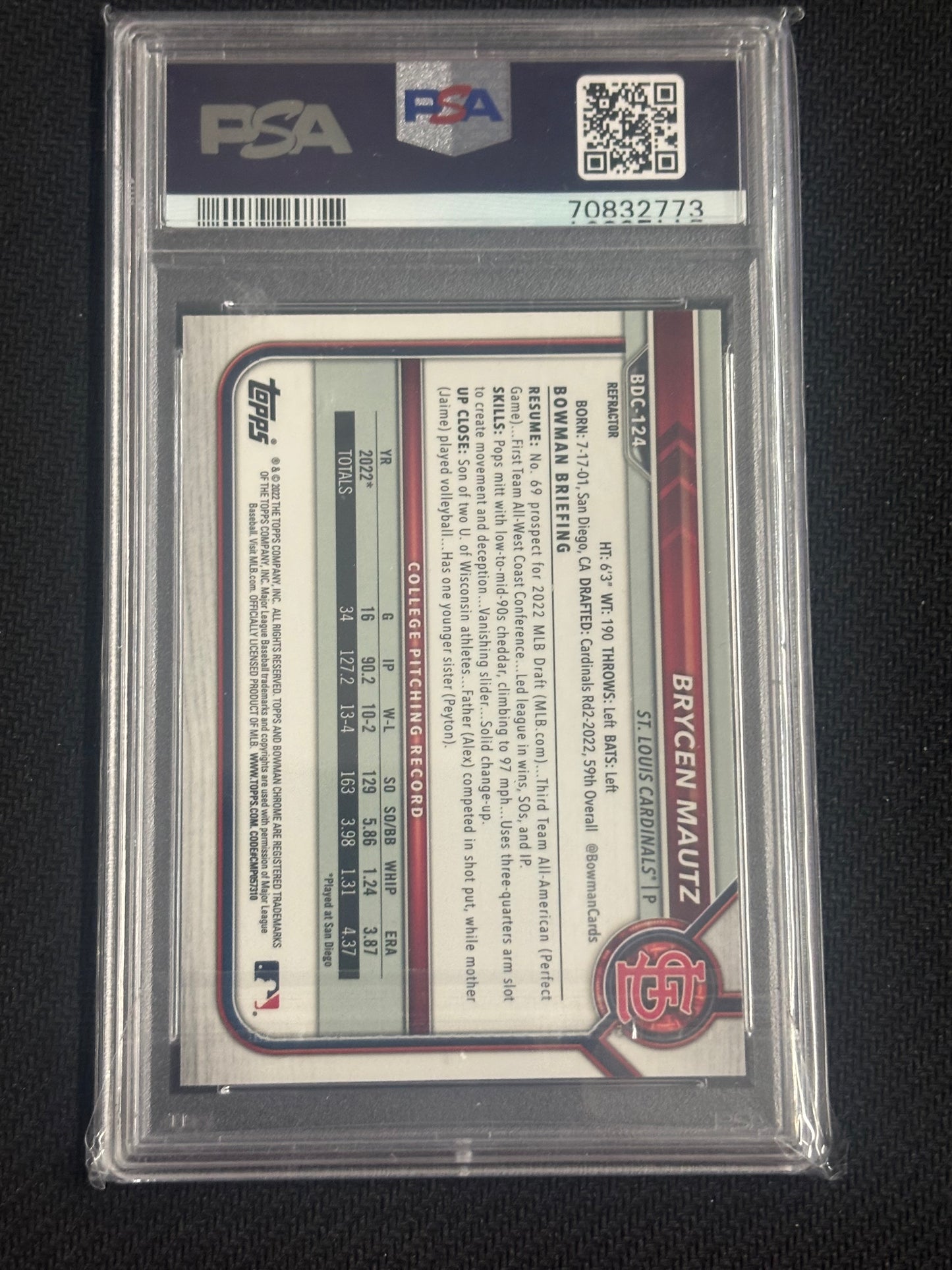 2022 Bowman Draft Brycen Mautz Chrome-Refractor PSA 10