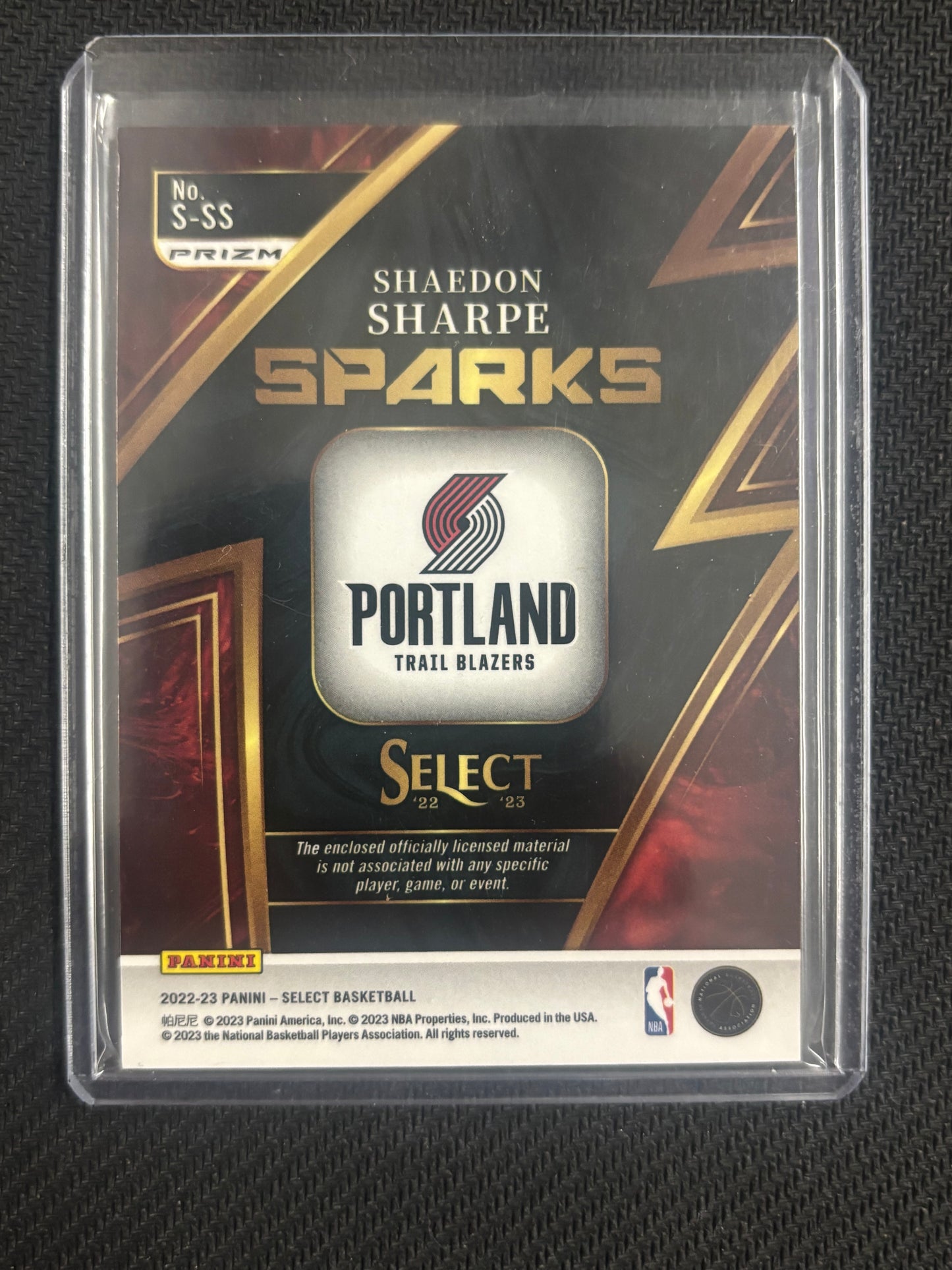 2022-23 Panini Select Shaedon Sharpe Sparks RC Jersey Rookie #S-SS Trail Blazers