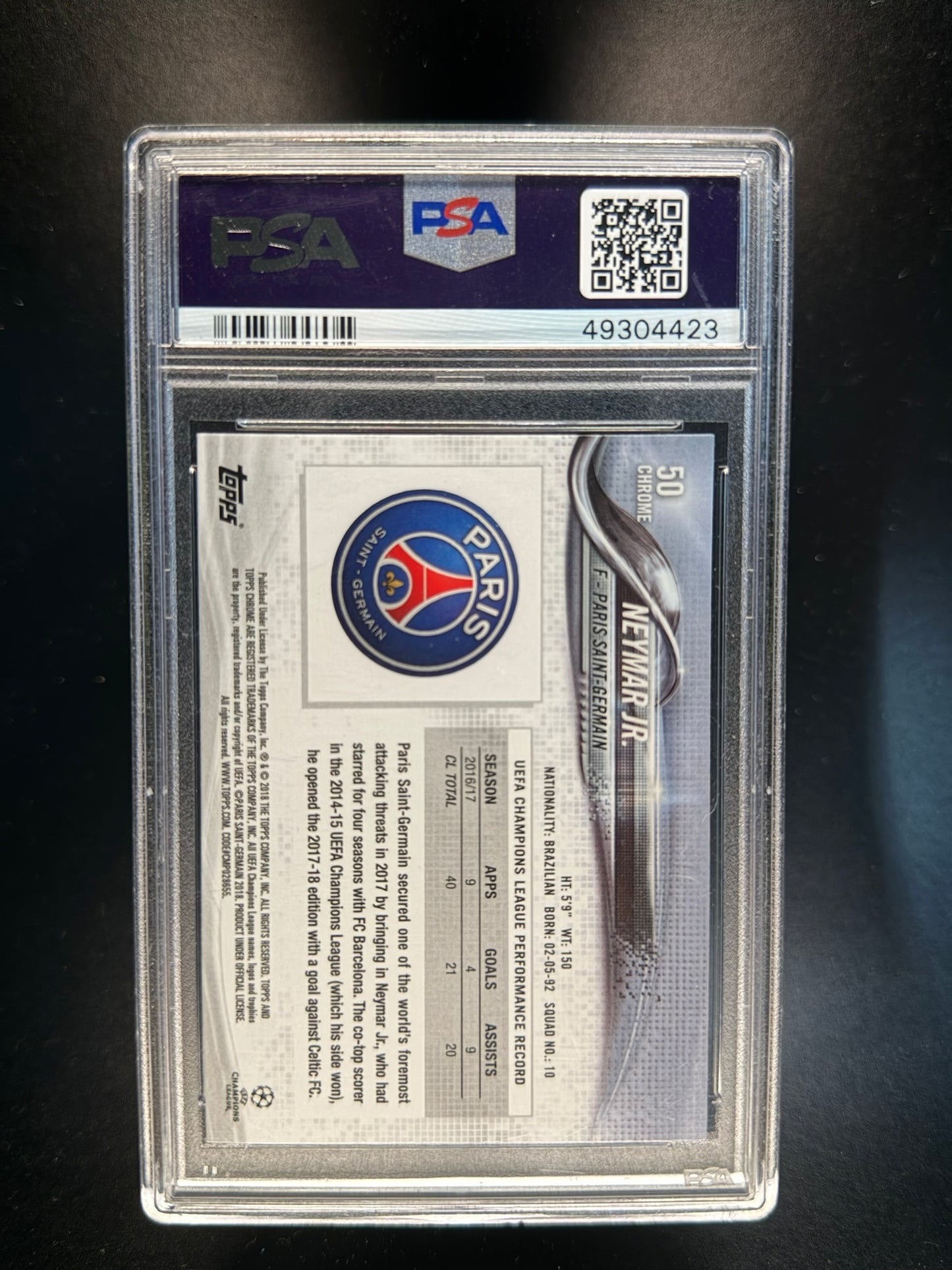 2017 TOPPS CHROME UEFA CHAMPIONS LEAGUE #50 NEYMAR JR. RUNNING PSA 9
