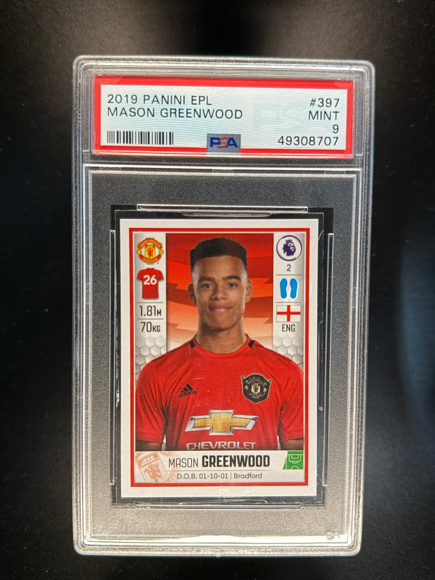 2019 PANINI ENGLISH PREMIER LEAGUE #397 MASON GREENWOOD PSA 9