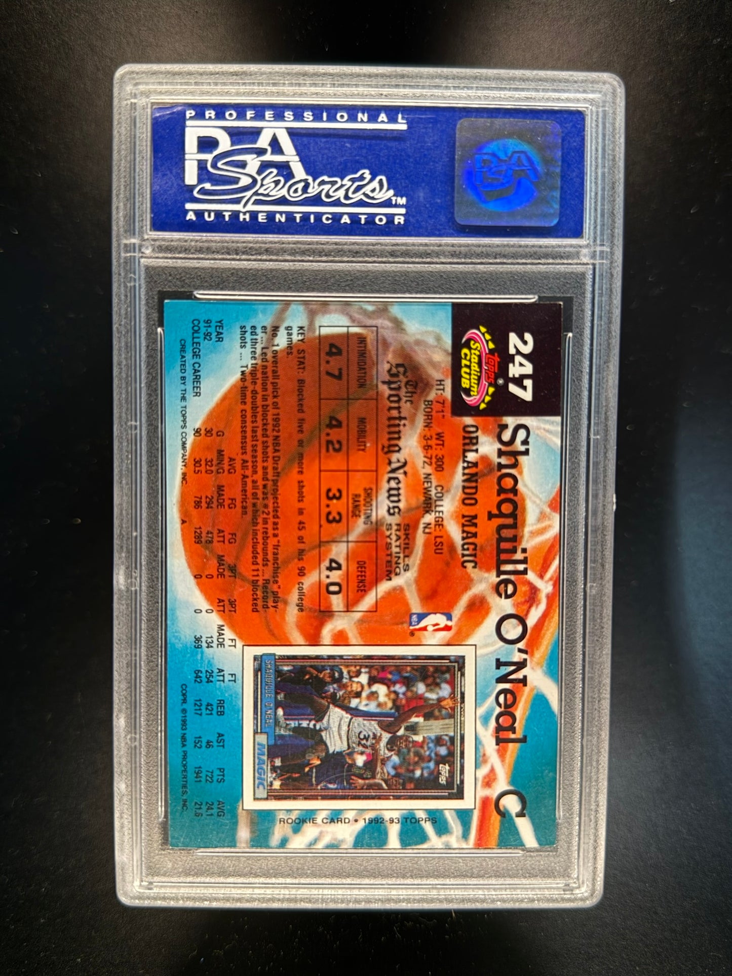 1992 STADIUM CLUB #247 SHAQUILLE O'NEAL ROOKIE PSA 8
