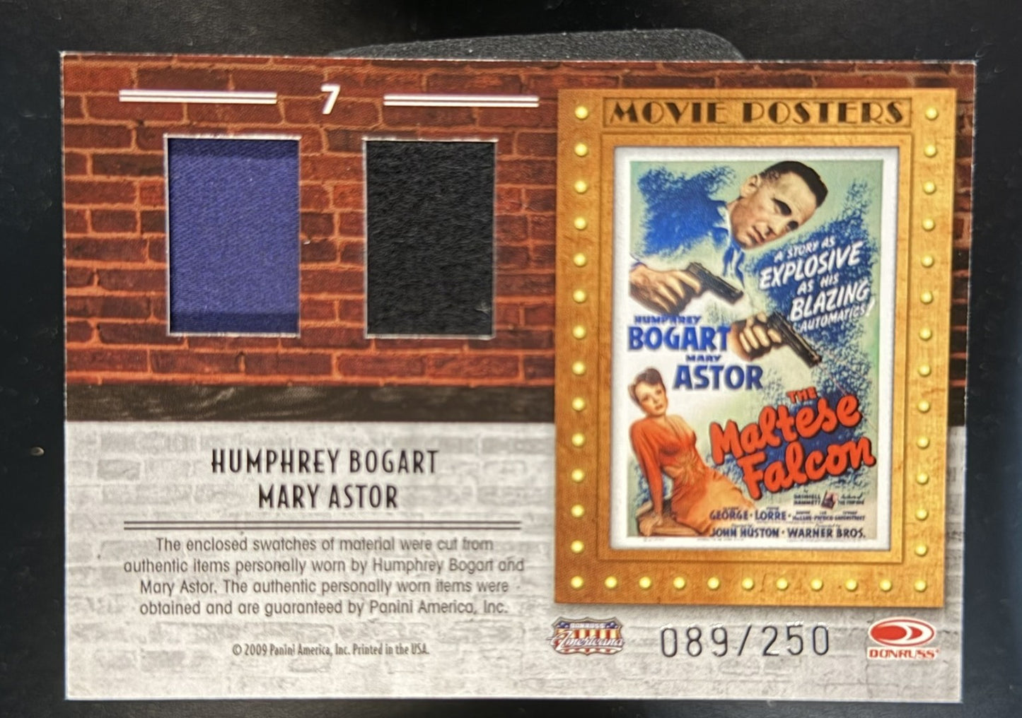 2009 DONRUSS AMERICANA MOVIE POSTER #7 HUMPHREY BOGART WORN MATERIAL SWATCH /250