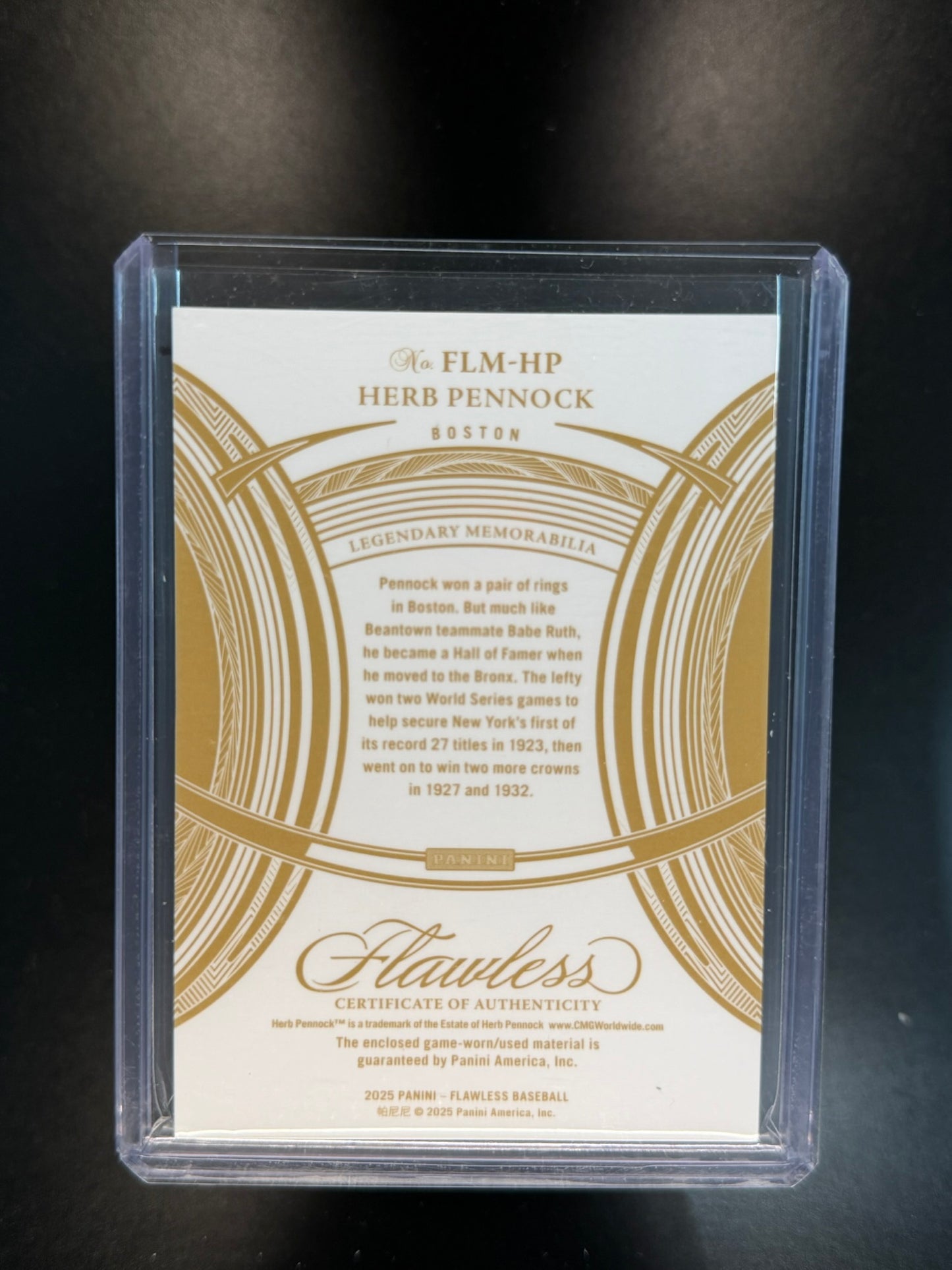 2025 Panini Flawless #FLM-HP Herb Pennock Flawless Legendary Memorabilia /25