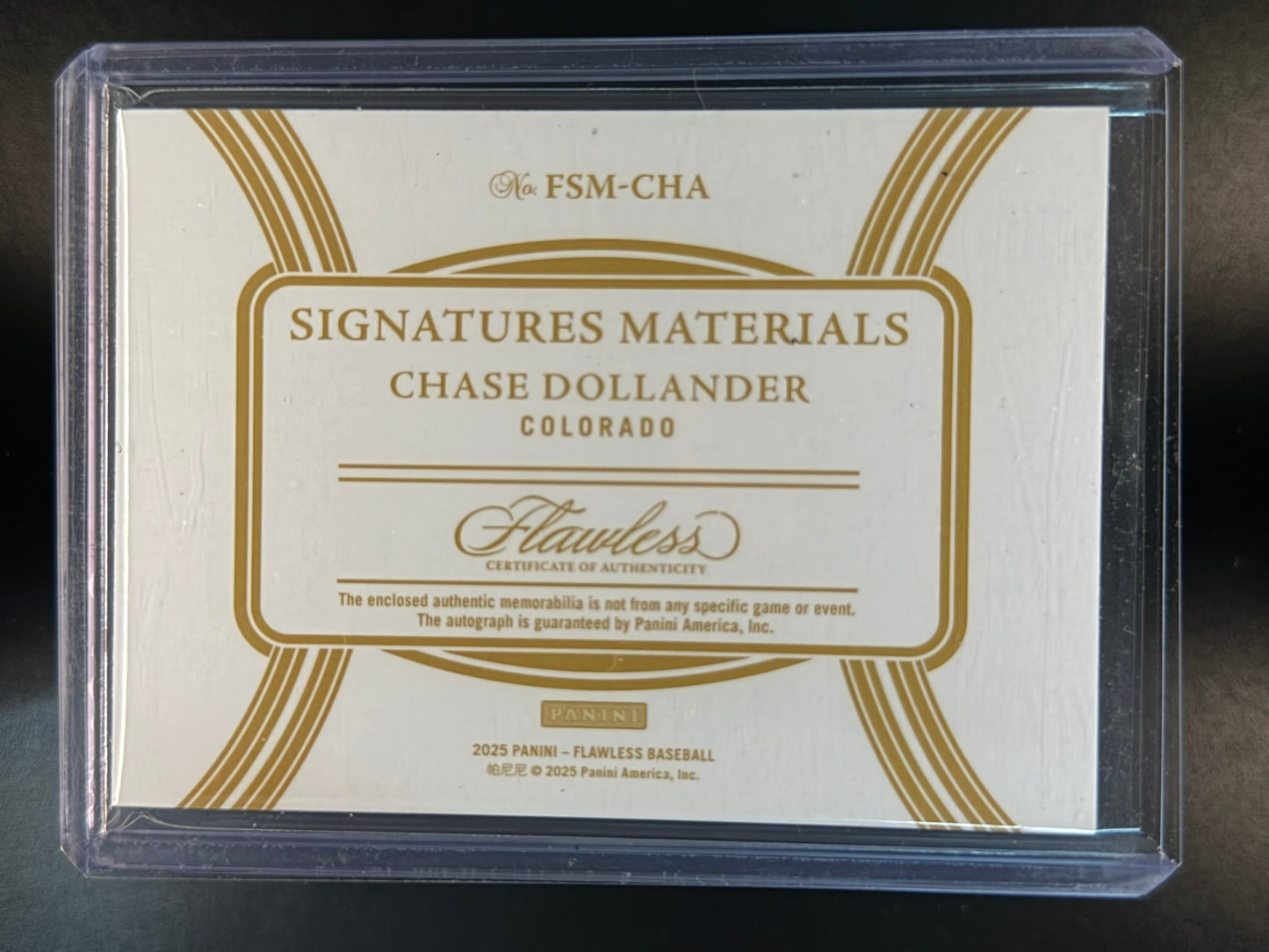 2025 Panini Flawless Chase Dollander Signatures Materials /15 #FSM-CHA Rockies