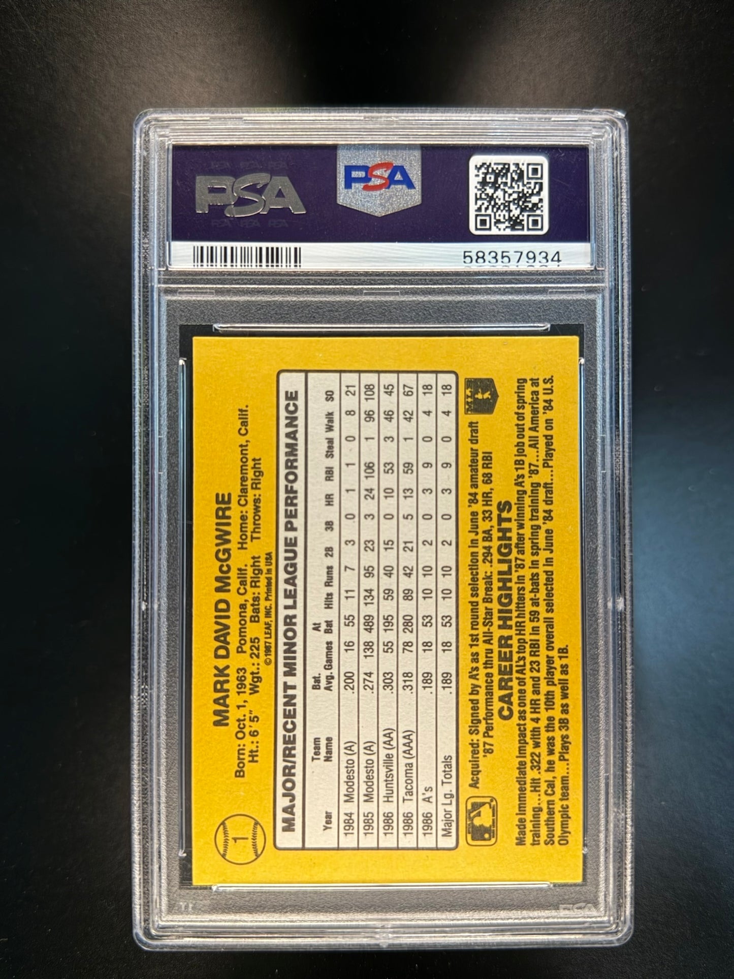 1987 DONRUSS ROOKIES #1 MARK McGWIRE PSA 7