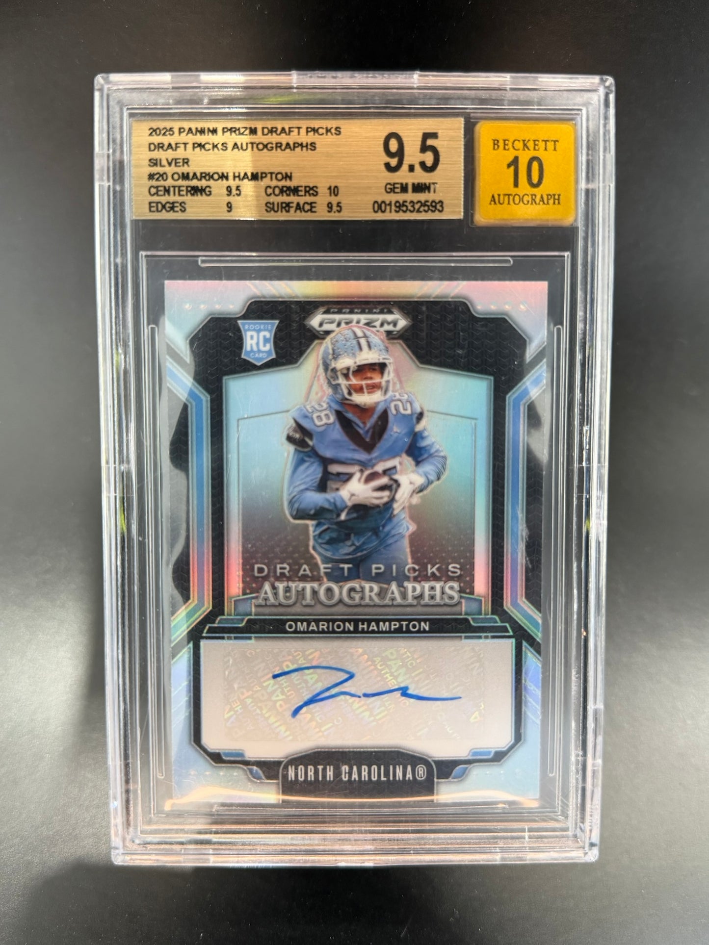 2025 Prizm Draft Picks Omarion Hampton Silver Auto BGS 9.5 Auto 10