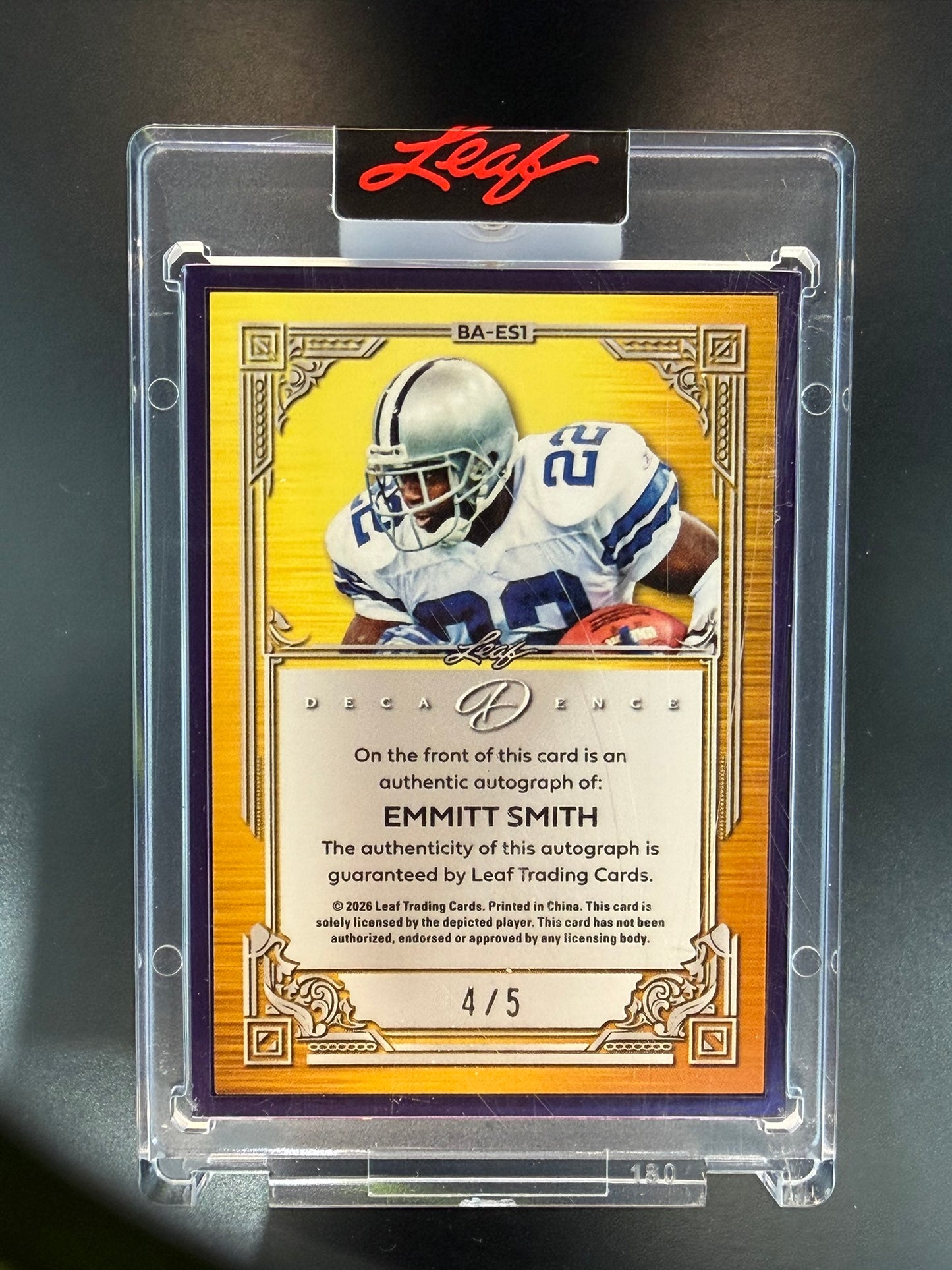 2026 Leaf Decadence Emmitt Smith Auto BA-ES1 Purple 4/5 Cowboys HOF